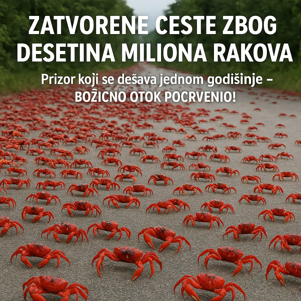 Prizor masovne godišnje migracije crvenih rakova. Stotine jarko crvenih rakova preplavilo je široku asfaltnu cestu, dok su sa obe strane vidljiva bujna tropska stabla i rastinje Božićnog otoka.