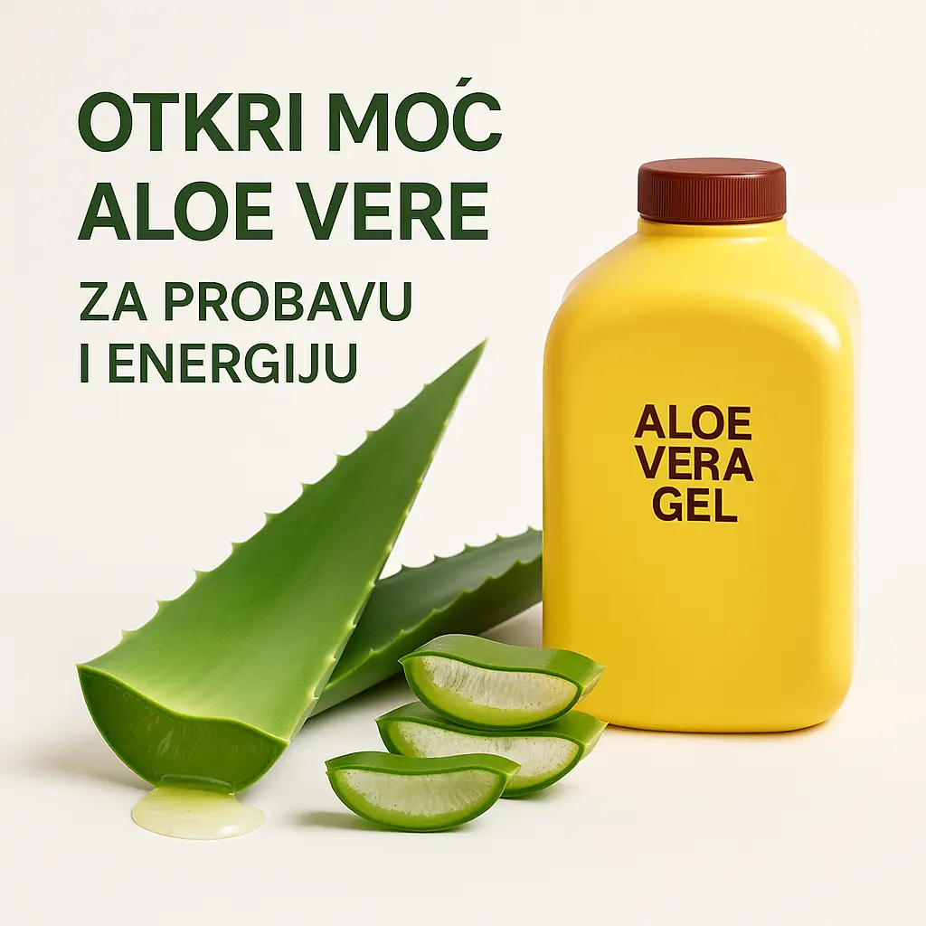 Forever aloe vera gel – žuta boca i presječen list aloe vere, promotivna slika za probavu i energiju