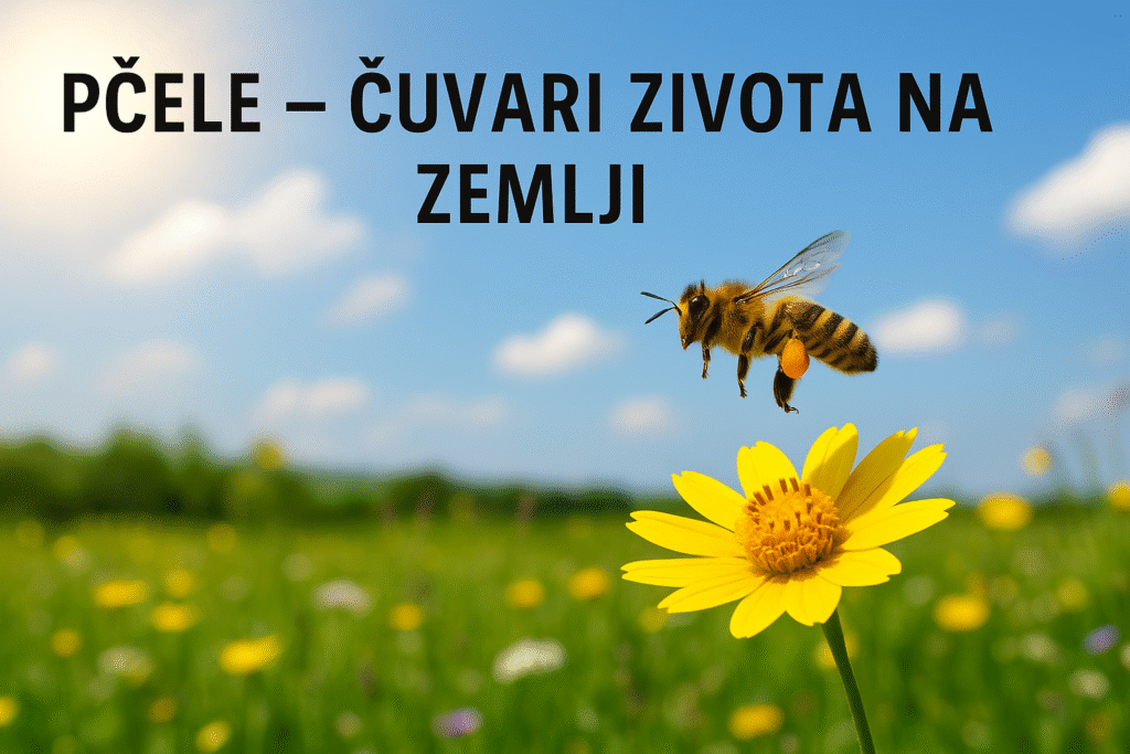 Pčela u letu iznad žutog cvijeta na livadi – simbol važnosti pčela za život na Zemlji 🐝🌍