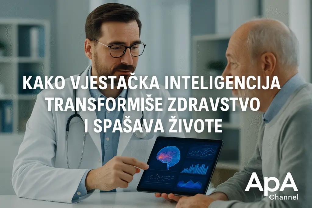 Doktor pokazuje pacijentu AI analizu na tabletu tokom medicinskog pregleda, sa tekstom o tome kako vještačka inteligencija transformiše zdravstvo.