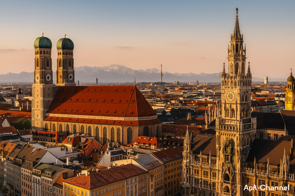 panorama slika Minhena sa alpama u pozadini.