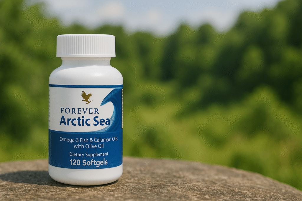 Bočica Forever Arctic Sea suplementa fotografisana na kamenu u prirodi, sa zelenom pozadinom.