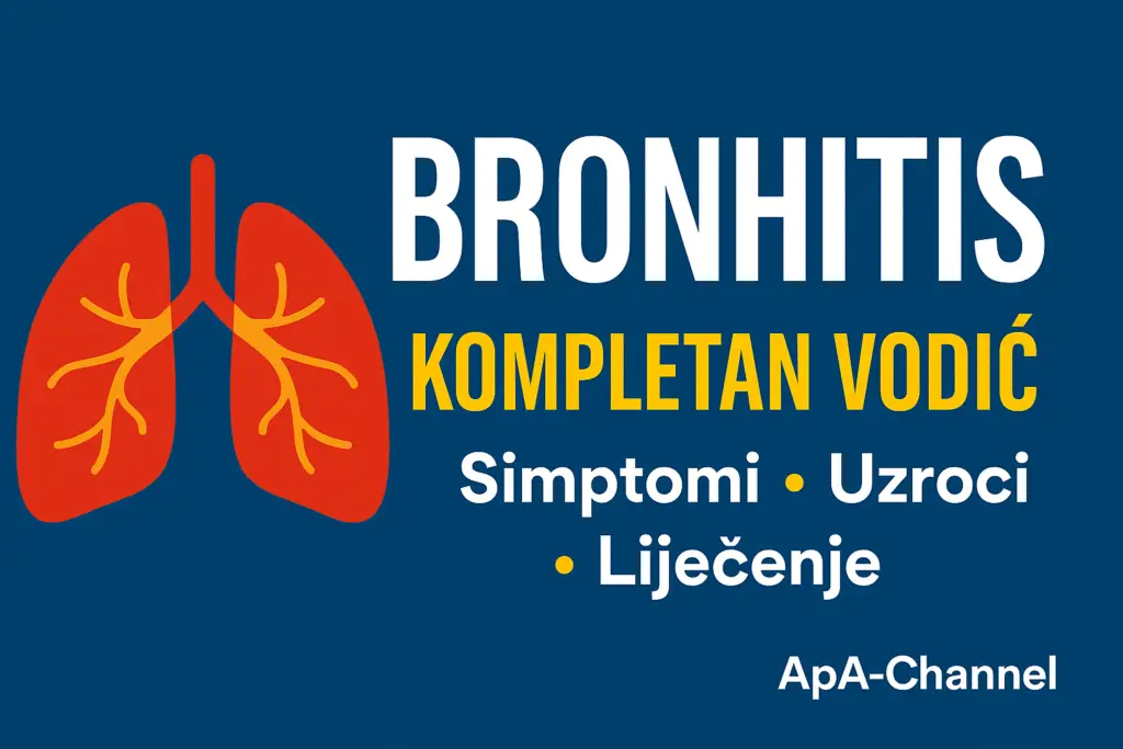 Ilustracija pluća i tekst “Bronhitis – Kompletan vodič: simptomi, uzroci, liječenje” na tamnoplavoj pozadini, edukativni thumbnail za ApA-Channel.