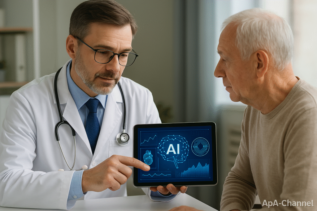 Doktor pokazuje pacijentu rezultate vještačke inteligencije na tabletu u modernoj ordinaciji.
