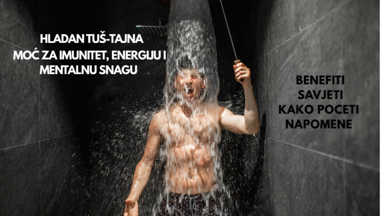 Muškarac pod hladnim tušem reaguje na ledenu vodu dok snažan mlaz pada direktno na njega, simbolizujući energiju i mentalnu snagu hladnog tuša.