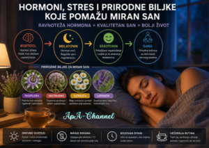 Hormoni, stres i prirodne biljke koje pomažu miran san – ilustracija hormona kortizola, melatonina, serotonina i GABA uz pasifloru, valerijanu, kamilicu i lavandu.