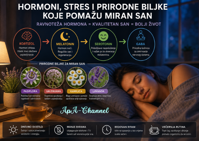 Hormoni, stres i prirodne biljke koje pomažu miran san – ilustracija hormona kortizola, melatonina, serotonina i GABA uz pasifloru, valerijanu, kamilicu i lavandu.