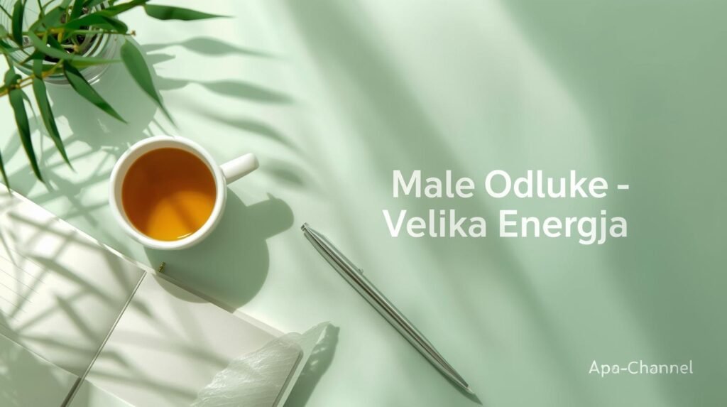 “Minimalistička jutarnja scena s čajem, bilježnicom i olovkom koja simbolizuje male svakodnevne odluke za bolju energiju i zdravlje.”