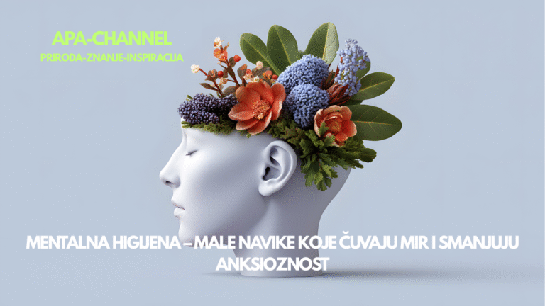 Mentalna higijena dnevne navike prikazane kroz umjetničku glavu ispunjenu cvijećem, simbolizujući miran i uravnotežen um.