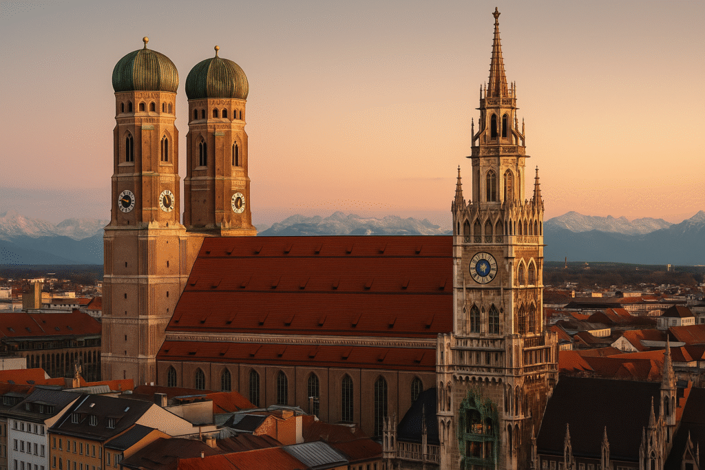 Pogled na Minhen u jutarnjem svjetlu s Alpama u pozadini – simbol visokog kvaliteta života u Bavarskoj.
