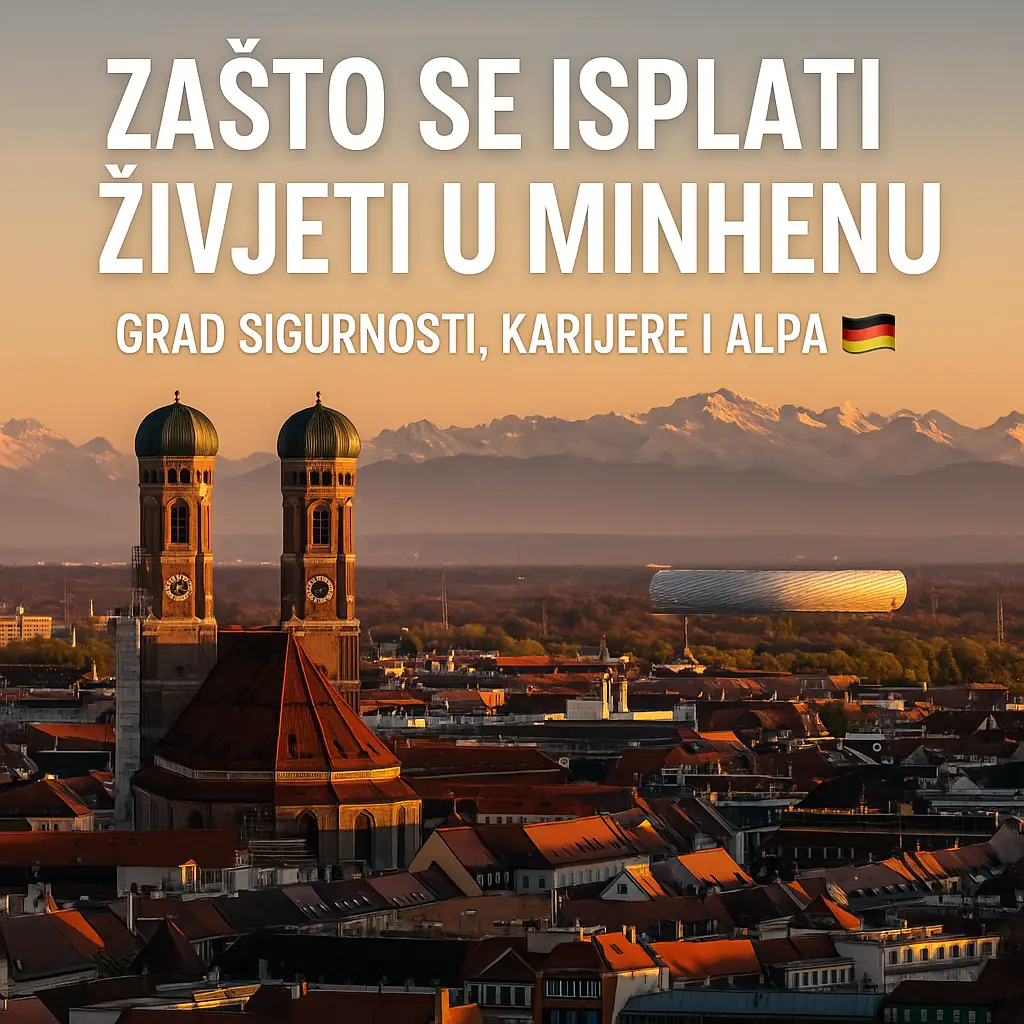 Panorama Minhena s Alpama u pozadini – simbol sigurnosti, karijere i kvaliteta života u Njemačkoj.