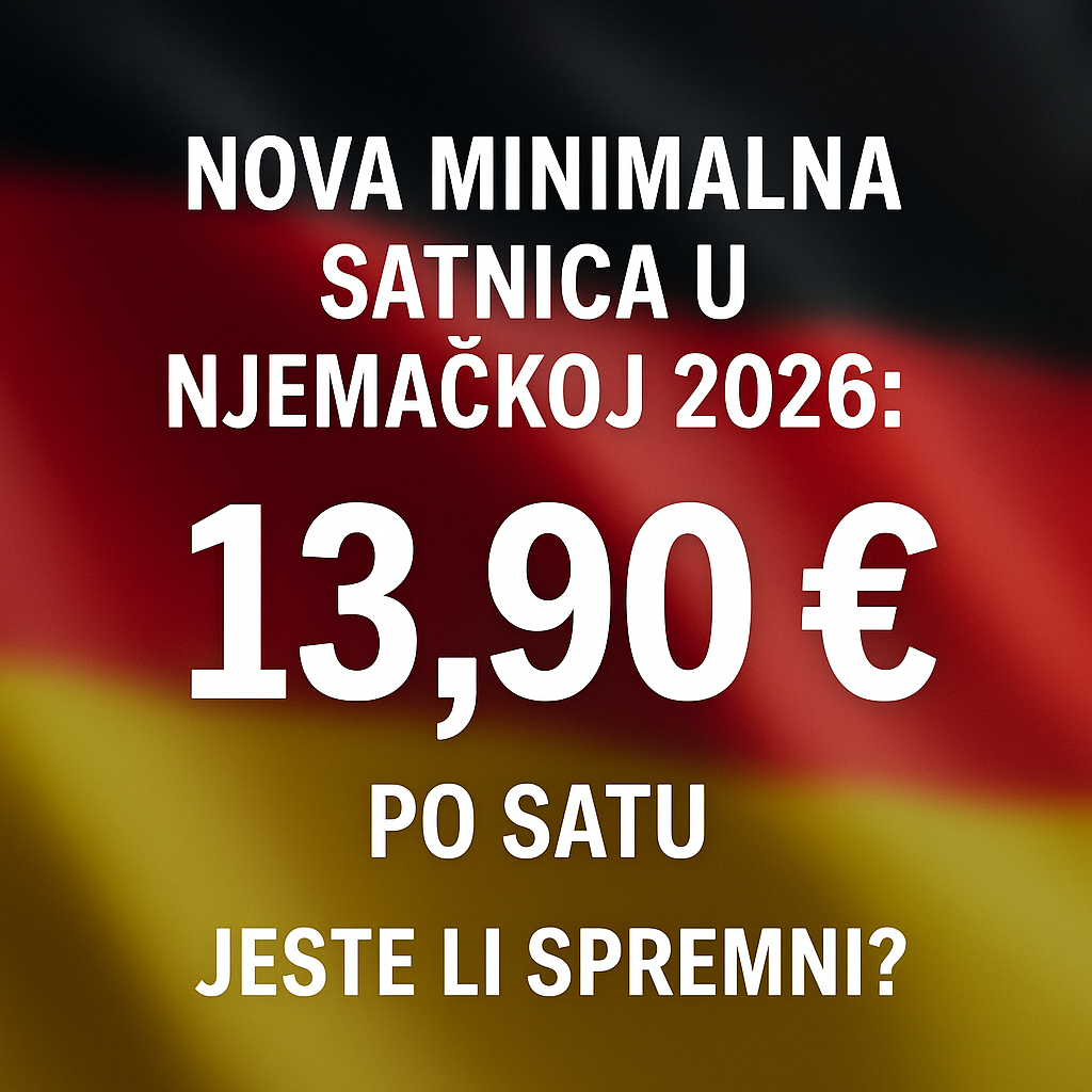 Minimalna plaća u Njemačkoj 2026 – infografika s iznosom 13,90 € po satu i vizualnim prikazom radnika i njemačke zastave.