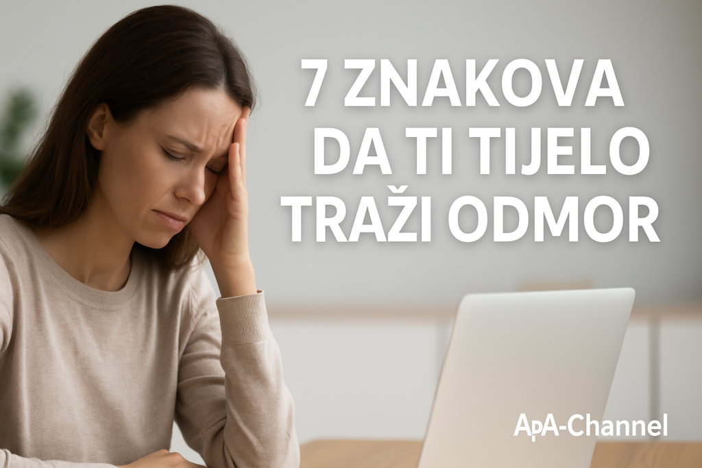 “Umorna žena drži glavu zbog iscrpljenosti – ilustracija za članak 7 znakova da ti tijelo traži odmor.”