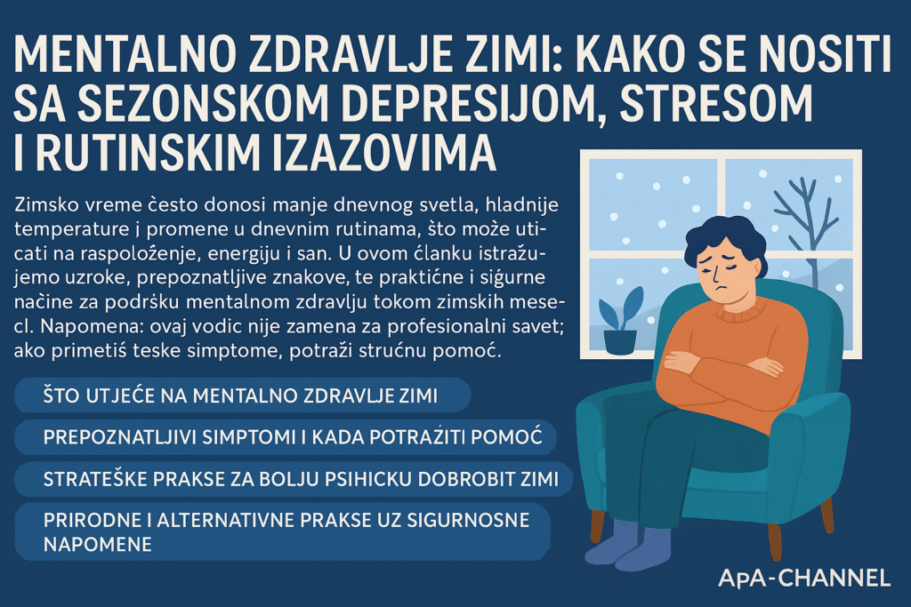 mentalno zdravlje zimi – ilustracija osobe koja se nosi sa sezonskim izazovima i zimskim raspoloženjem