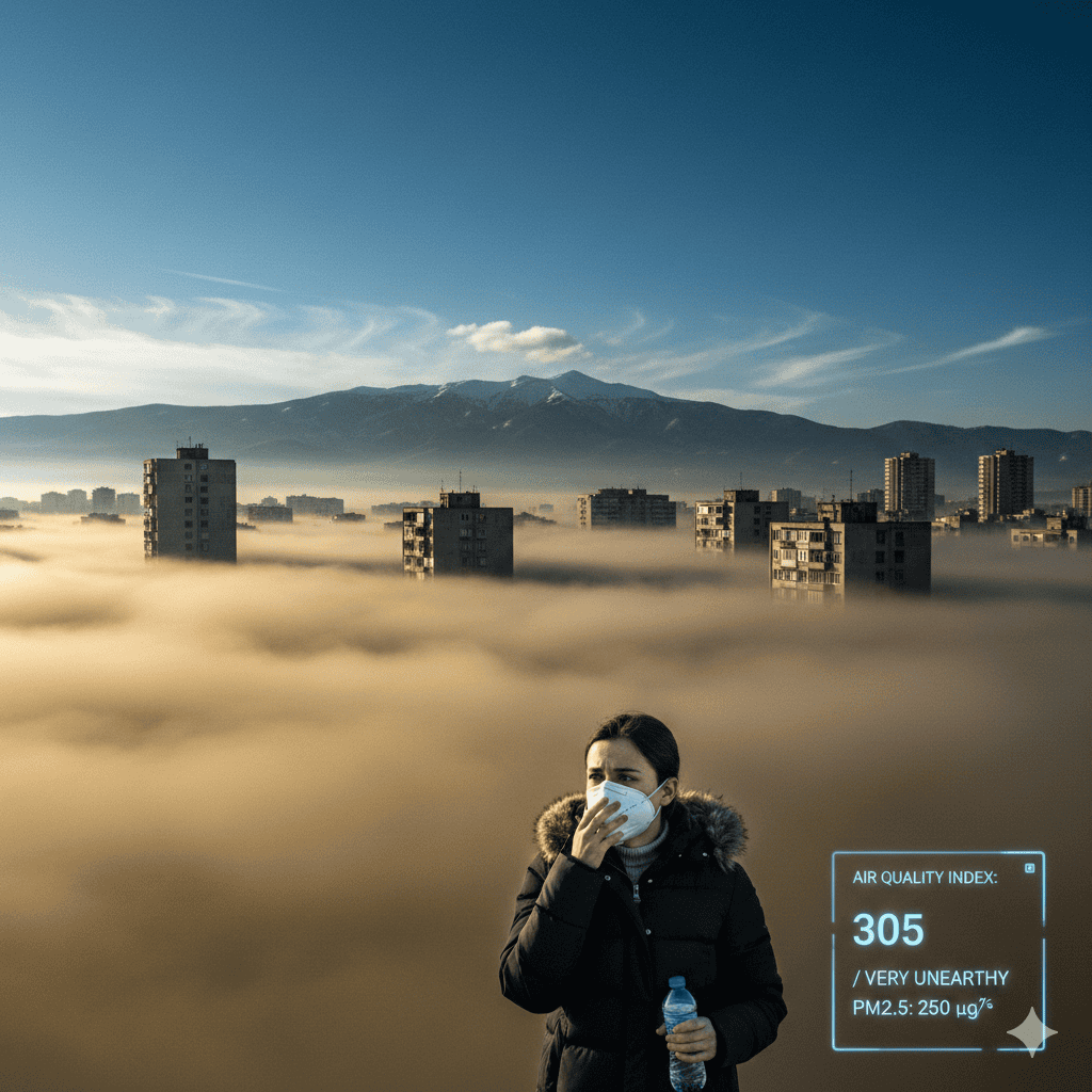 Djevojka sa maskom i vodom u gradu pod smogom – kako smog utiče na tijelo