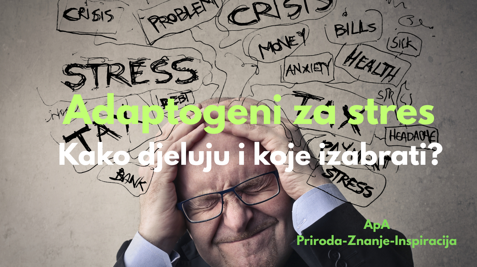 Muškarac pod stresom okružen negativnim mislima – ilustracija za temu adaptogeni za stres