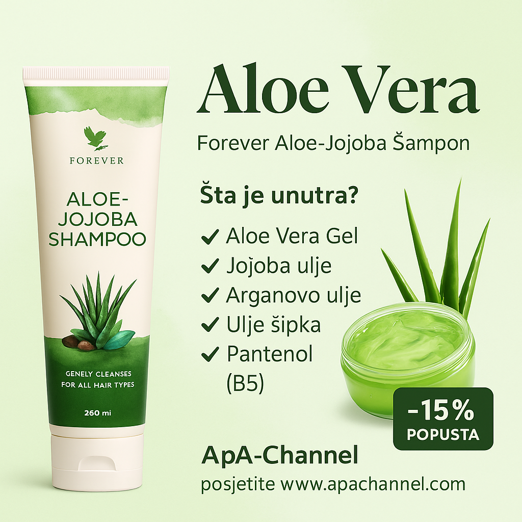 Forever Aloe-Jojoba šampon na svijetloj pozadini, prikazan kao prirodni proizvod za njegu kose.