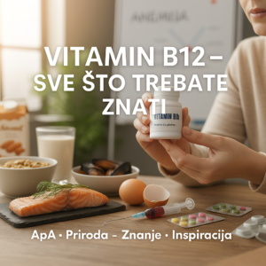 „Osoba drži bočicu vitamina B12 okruženu hranom bogatom B12, suplementima i medicinskim priborom, uz istaknuti naslov ‘Vitamin B12 – Sve što trebate znati’.“