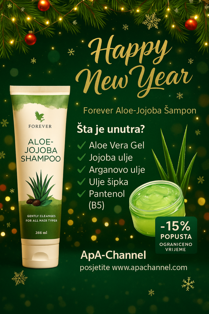 Novogodišnji promo baner za Forever Aloe-Jojoba šampon sa popustom od 15% i prikazom sastojaka.