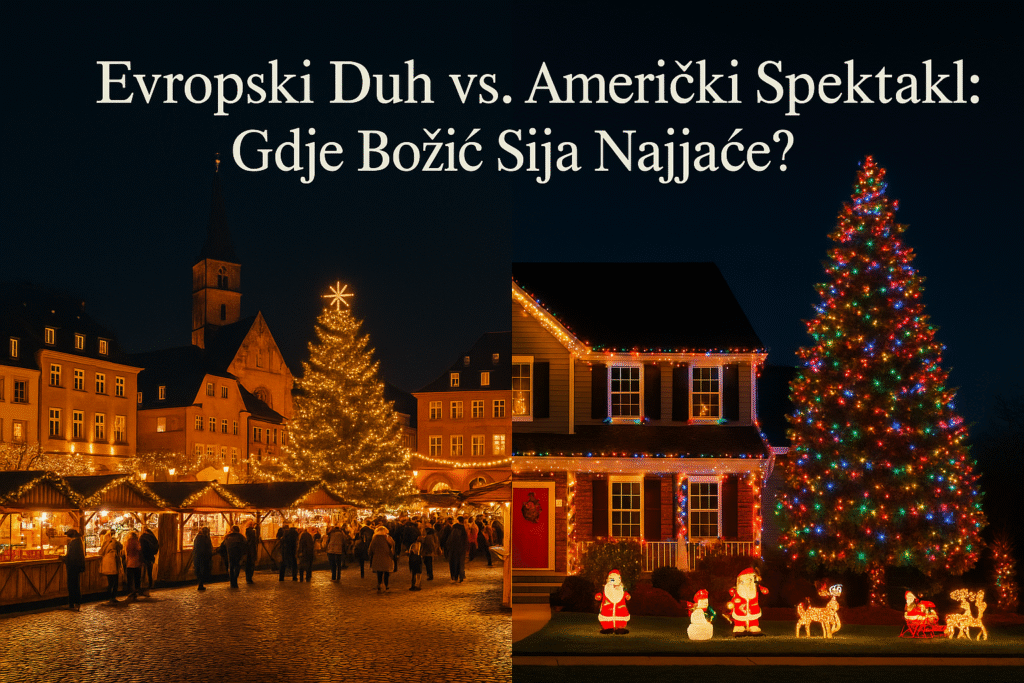 Evropski božićni sajam prikazan pored američke kuće sa raskošnim božićnim svjetlima, vizualno upoređujući intimni evropski duh i američki spektakl tokom praznika."
