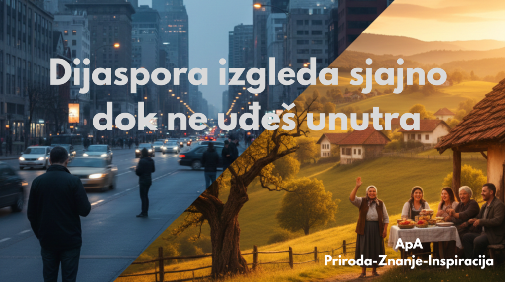 "Vizualni kontrast života u dijaspori – grad sa stresom i gužvom naspram mirnog doma u zavičaju, uz poruku ‘Dijaspora izgleda sjajno dok ne uđeš unutra’."
