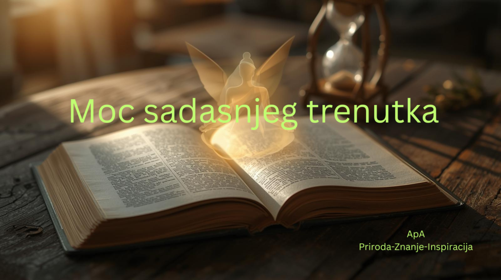 Otvorena knjiga na drvenom stolu uz mekano svjetlo, simbolizirajući mindfulness, znanje i moć sadašnjeg trenutka.