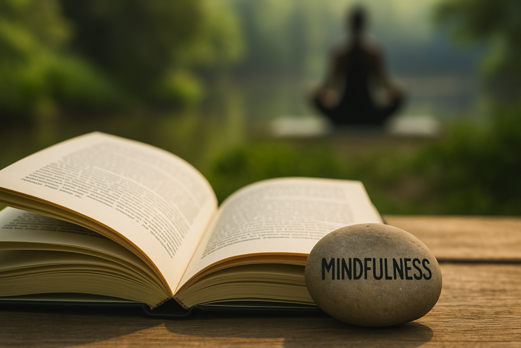 Otvorena knjiga na drvenom stolu u toplom svjetlu, simbol prisutnosti i mindfulnessa.
