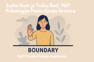 Minimalistička ilustracija žene koja podiže ruku kao znak granice, simbolizujući psihologiju postavljanja granica i asertivnost.