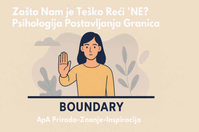 Minimalistička ilustracija žene koja podiže ruku kao znak granice, simbolizujući psihologiju postavljanja granica i asertivnost.