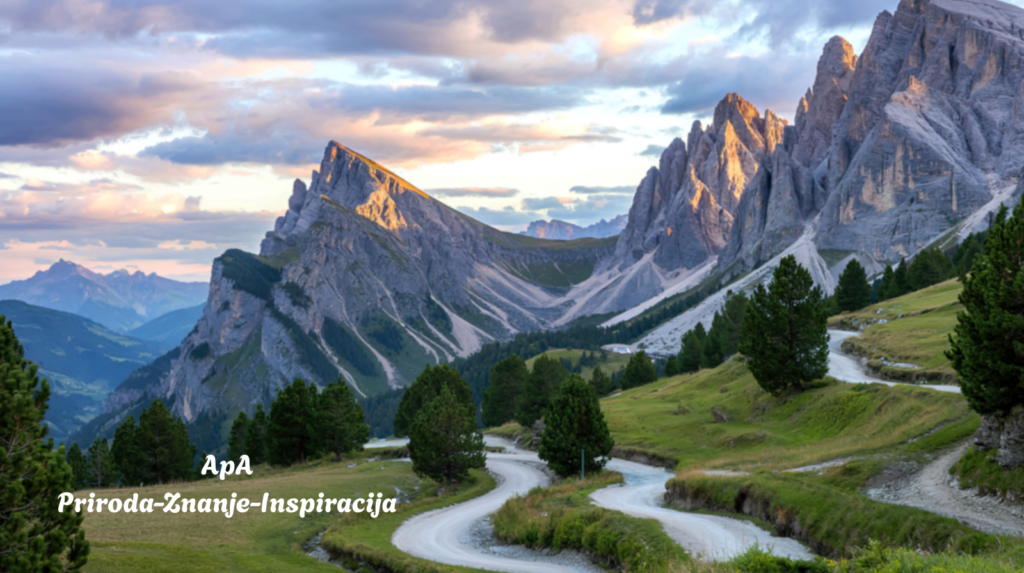 Planinski pejzaž koji prikazuje utjecaj planina na zdravlje kroz prirodu, tišinu i čisti zrak, uz ApA poruku Priroda–Znanje–Inspiracija