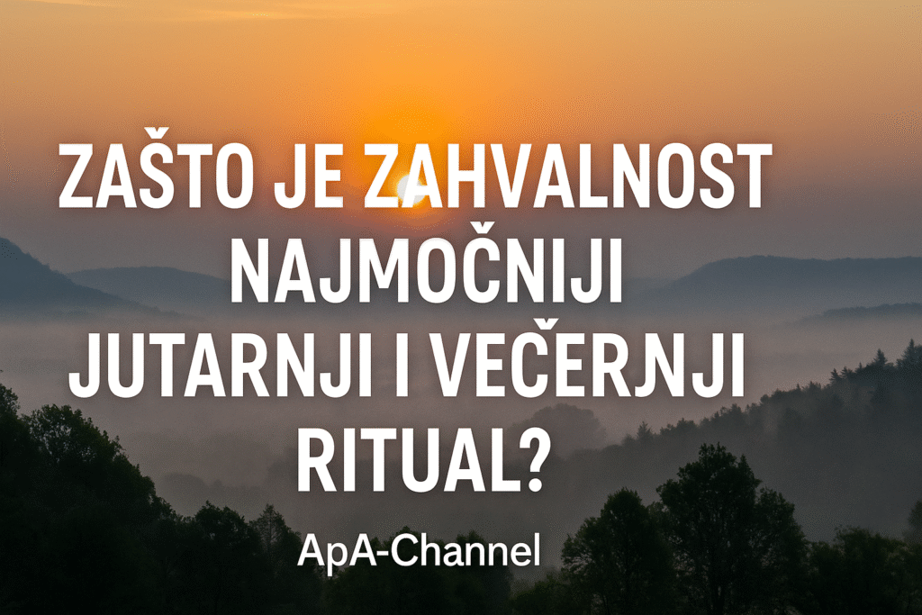 Hero slika o temi zahvalnost ujutro i navečer, sa izlaskom sunca i ApA-Channel natpisom.