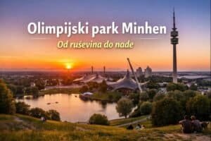 Olimpijski park Minhen pogled sa Olympiaberg brda na stadion, jezero i Olympiaturm pri zalasku sunca