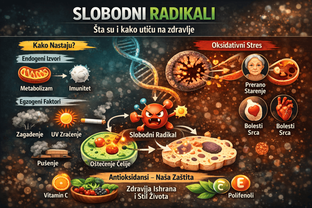 Slobodni radikali i oksidativni stres – infografika koja prikazuje kako nastaju slobodni radikali, njihov uticaj na ćelije i ulogu antioksidanasa u zaštiti organizma