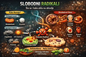 Slobodni radikali i oksidativni stres – infografika koja prikazuje kako nastaju slobodni radikali, njihov uticaj na ćelije i ulogu antioksidanasa u zaštiti organizma