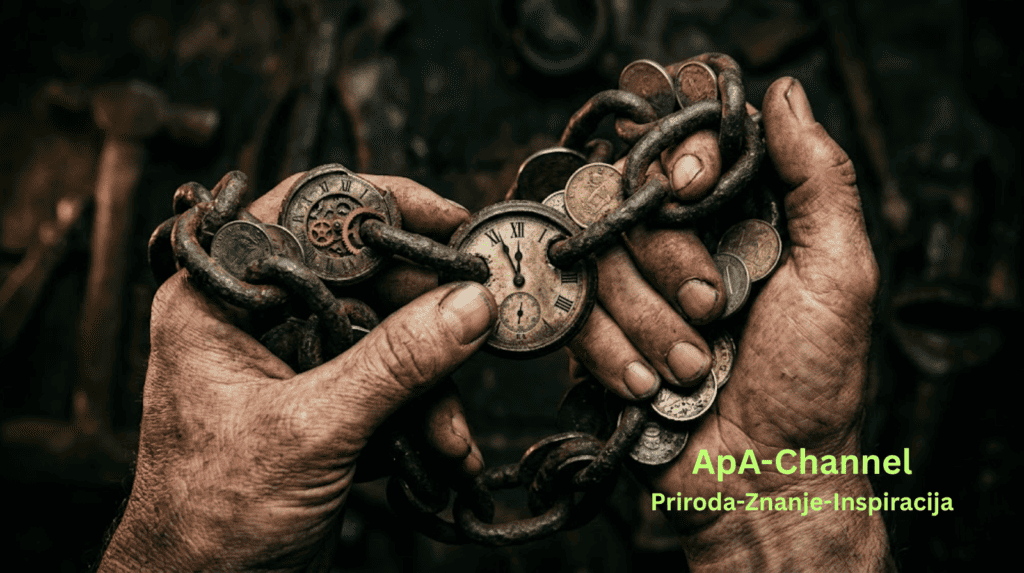 Vizuelna metafora kognitivnog tereta siromaštva: ruke vezane zarđalim lancem vremena i novca. Karike lanca su satovi i novčići, što ukazuje na zamku prodaje vremena za malo novca.