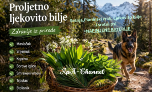 proljetno ljekovito bilje u planinskoj šumi sa vučijakom, srijemušem, koprivom i borovim iglicama