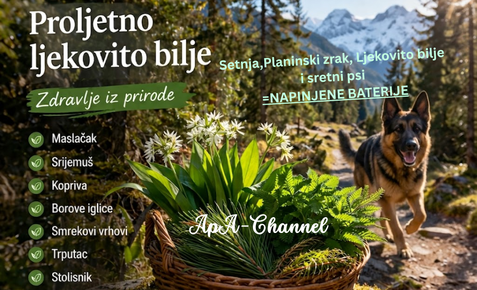 proljetno ljekovito bilje u planinskoj šumi sa vučijakom, srijemušem, koprivom i borovim iglicama