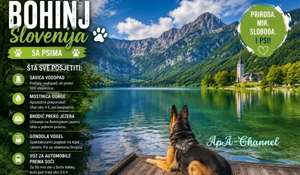 Bohinj Slovenija sa psima – njemački ovčar uz Bohinjsko jezero i pogled na planine