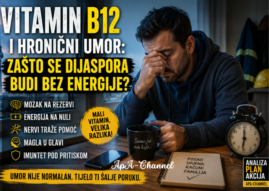 Vitamin B12 i hronični umor – umoran radnik u Njemačkoj sa kafom i simptomima iscrpljenosti Title: