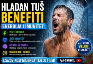 Hladan tuš benefiti – muškarac pod hladnim tušem tokom jutarnjeg rituala za energiju, imunitet i mentalnu snagu