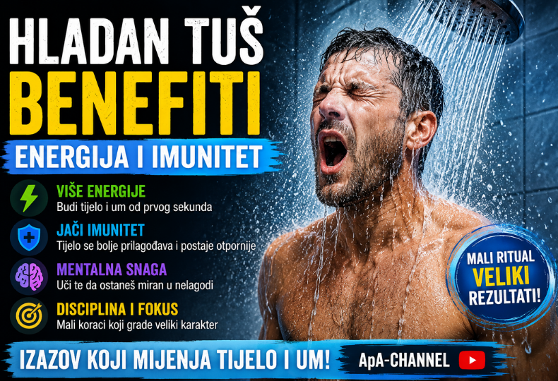 Hladan tuš benefiti – muškarac pod hladnim tušem tokom jutarnjeg rituala za energiju, imunitet i mentalnu snagu