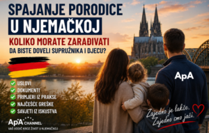 Spajanje porodice u Njemačkoj – porodica ispred njemačkog grada nakon uspješnog preseljenja